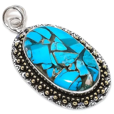 Colgante de dos tonos de joyería de plata esterlina 925 turquesa azul cobre 2,13" F738 Foto 1 de 2