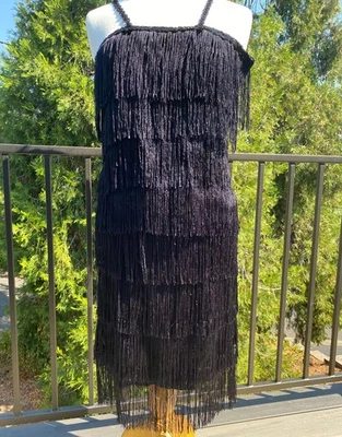 Vestido feminino Charleston preto franja e fantasia tiara ~ Flapper, rugindo anos 20 - Imagem 1 de 4