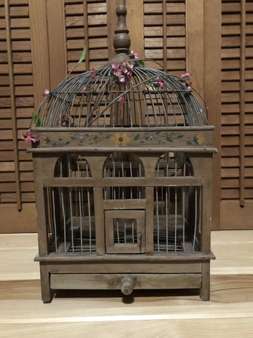 Antique Wood Real Bird Cage Victorian Hand Painted Wooden 1800s Wood Primitive Cover