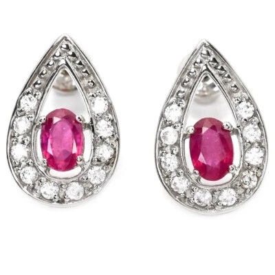 925 STERLING SILVER NATURAL PINK RED RUBY OVAL & WHITE CZ  DANGLE EARRING - Image 1 of 4
