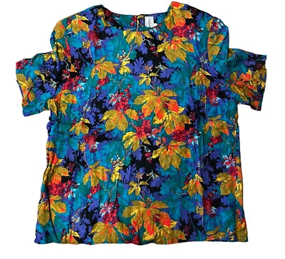 Norton McNaughton 红色花卉短袖人造丝纽扣衬衫 16 (46) 码 — 第 1/4 张图片