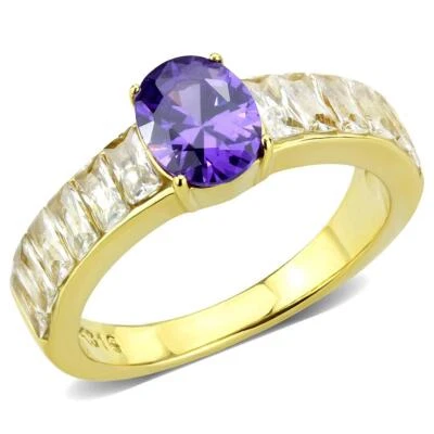 Amethyst gold ring 18k oval emerald cuts cubic zirconia steel ladies — 第 1/4 张图片