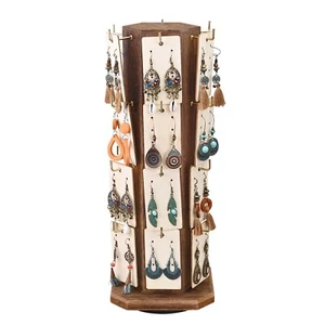 neuxi 24 Hooks Wood Hexagon 6 Sided Rotating Jewelry Display Stand Tower - Picture 1 of 8