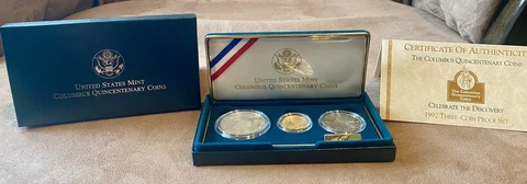 1992 US Mint Columbus Quincentenary 3 Coin Set $5 Gold $1 Silver With COA Cover