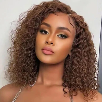 Pelucas rizadas rizadas delanteras de encaje marrón chocolate 13x4 pelucas de cabello humano pre arrancadas Foto 1 de 4