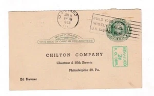 1953, CHICAGO, ILL. MORMS SERVICE CTR. CHILTON AUTOMOTIVE POSTAL CARD REVALUED - Picture 1 of 2