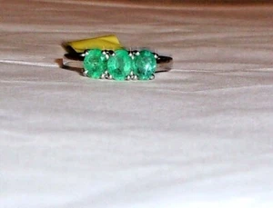 AFRICAN GREEN EMERALD OVAL 3-STONE RING, PLATINUM / 925, SIZES 7, 1.11(TCW) - Picture 1 of 11