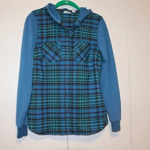 LL Bean Fleece  Blue Green Plaid Flannel Hooded Shirt Youth Girls XS - Picture 1 of 6