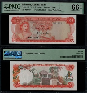 BAHAMAS 5 DOLLARS (P37b) L. 1974 QEII PREFIX M PMG GEM UNC 66EPQ - Bild 1 von 1