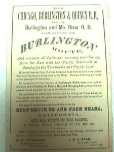 CHICAGO BURLINGTON QUINCY CBQ RR MO River ROUTE Ticket MAP 1872 UPRR Advertising - Picture 1 of 12