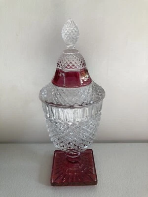 Vintage Westmoreland Waterford Ruby Flashed Footed Candy Jar & Lid Made in USA - Image 1 of 4