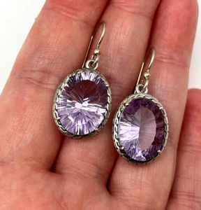 925 Sterling Silver LARGE Oval Radiant Laser Cut Amethyst Dangle Hook Earrings - Picture 1 of 7