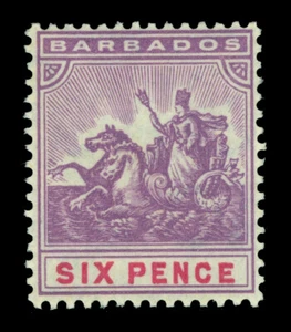 British Colonies - BARBADOS 1904  Seahorses  6p violet Scott # 97 mint MH VF - Picture 1 of 2