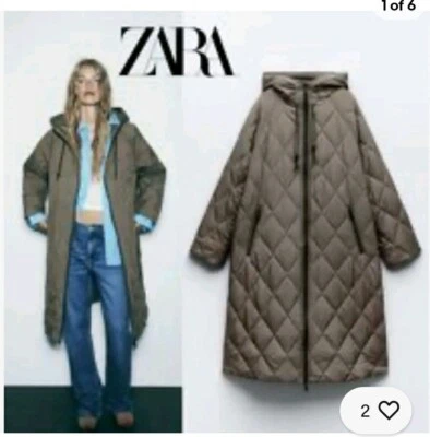 Zara Long Puffer Jacket Khaki Size S 3046/229 - Image 1 of 4