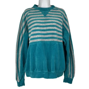 Vintage 80s Jaclyn Smith Turquoise Blue Gray Striped Velour Sweatshirt Size L - Picture 1 of 8