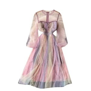 Women Rainbow Mesh Dress Midi Pleated Floral Lace Gradient Fairy Gothic - Picture 1 of 11