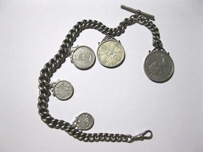 Тяжелая серебряная цепочка для карманных часов с монетами - Изображение 1 из 4