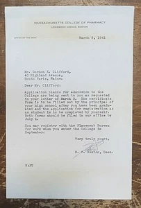1941 Letterhead Boston Massachusetts College of Pharmacy - Picture 1 of 1