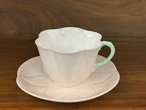 Vintage Shelley Pastel Pink w/ Green Handle Dainty Shape Teacup and Saucer