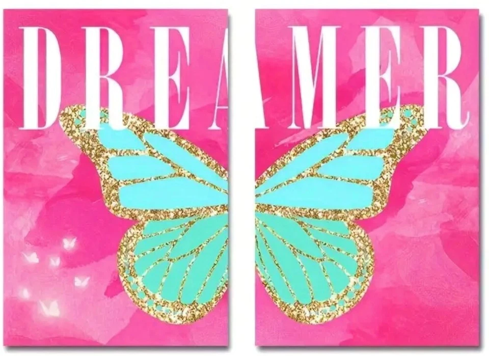 Colorful 2 Piece Pink Teal Glitter Butterfly 'Dreamer' Tween Teen Canvas Prints - Image 1 of 1