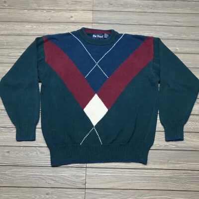 Vintage Par Four Men's 90s Argyle Knit Grandpa Sweater Sz L Green Color Block - Image 1 of 4