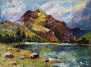 Cuadro "Paisaje de montaña". Óleo sobre tablero duro. Cuchillo de paleta. 5x7inc. Hecho a mano - Imagen 1 de 1
