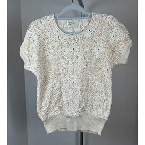 Vintage Mexican Crocheted Hand Knit Cream Women's Blouse Top Hippie Boho M/L - Picture 1 of 6