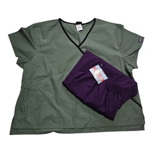Womens Cherokee Workwear Scrub Top V Neck AND 4 Pocket Pants Purple Green 2XL - Picture 1 of 13