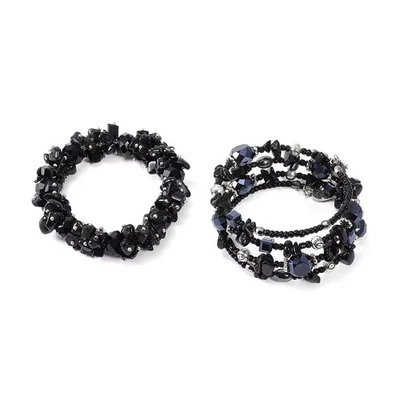 Set of 2 Bracelet for Women Black Obsidian Glass Resin Stretchable Beaded Gifts - Image 1 of 4