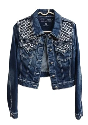 Miss Me Jean Jacket Women M Blue Denim Rhinestone Dark Wash Long Sleeve - Image 1 of 4