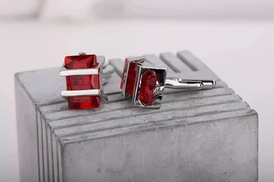 4Ct Emerald Lab-Created Red Ruby Solitaire Men's Cufflinks 14K White Gold Plated - Image 1 of 4