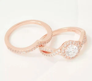 Diamonique Rose Clad Sterling Silver Round Halo Ring & Pointed Band Set Size 6 - Picture 1 of 1