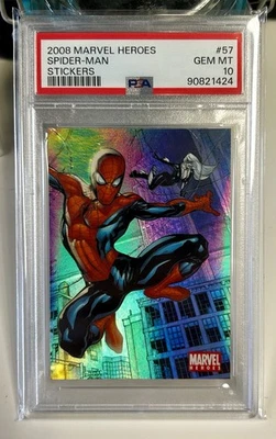 2008 Marvel Heroes Stickers #57 🔥 SPIDER-MAN BLACK CAT RAINBOW FOIL PSA 10 🔥 - Image 1 of 2