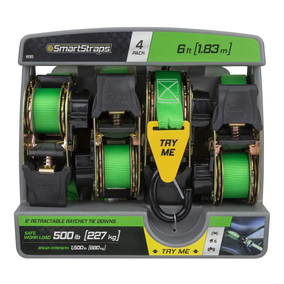 SmartStraps 6ft. 1500-Lb. Retractable Ratchet Tie Down 4-Pack, Green, Model# - Image 1 of 4