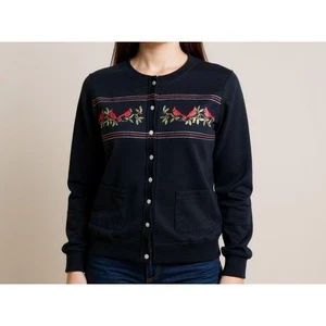 Kim Rogers Petite Embroidered Cardinal Christmas Cardigan PXL Black Women - Picture 1 of 7
