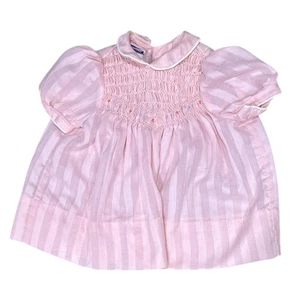 Polly Flinders Vintage Dress Pink Flowers Smocked Size 12 Months Floral Striped - Picture 1 of 4