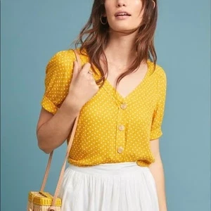 Blusa coqueta MAEVE Anthropologie Hansley amarillo mostaza lunares botones 10 - Imagen 1 de 11