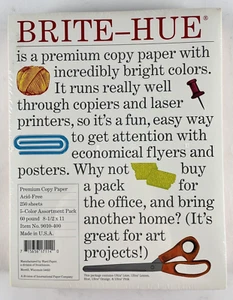 "BRITE-HUE" Premium Copy Paper, 5-Color Assortment Pack, 60 pound 8-1/2 x 11 - Foto 1 di 6