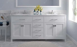 72" White Double Bathroom Vanity Cabinet Cultured Marble Countertop Round Sinks - Picture 1 of 3