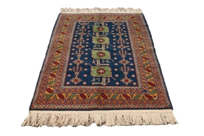 Alfombra azul anudada a mano diseño geométrico tribal turco 3' 1" x 4' 9" Foto 1 de 4