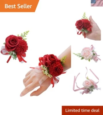 Elegante juego de 2 piezas de ramilletes y boutonniere rosa satinado rojo para ocasiones especiales Foto 1 de 4