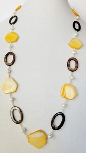 Vtg Cord Fresh Water Pearl Brown/Yellow Butterscotch Shell Beaded Necklace 30" - Picture 1 of 7