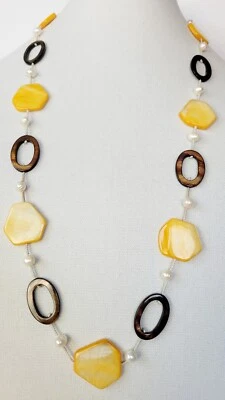 Vtg Cord Fresh Water Pearl Brown/Yellow Butterscotch Shell Beaded Necklace 30" - Image 1 of 4