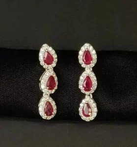 Pear Cut Simulated Red Ruby Women's Drop/Dangle Earring In 14k White Gold Plated - Picture 1 of 5