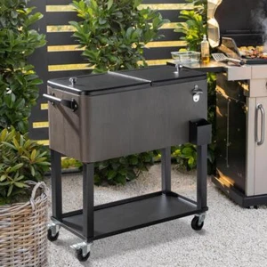 80QT Rolling Patio Steel Party Cooler Cart Ice Chest Plastic & Stainless Steel - Picture 1 of 7