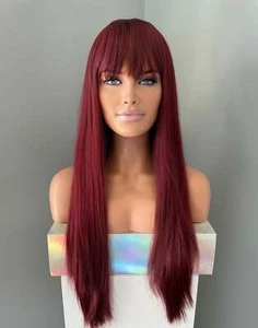 Long Red Silky Straight Wig with Bangs, 30 Inch Auburn Costume Cosplay Wig - Picture 1 of 9
