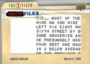 Upper Deck X-Files OVNIS et extraterrestres fichiers expurgés #RF-20 Judith Coplon - Photo 1/1