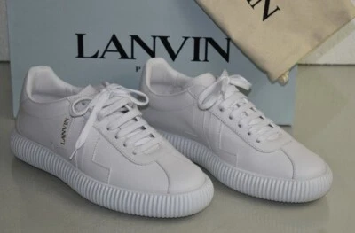 $590 NEW Lanvin GLEN LOW TOP SNEAKERS Leather White Lace Up Logo Gold 39 - Image 1 of 4