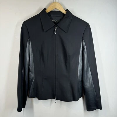 Escada Moto Jacket Womens Sz 38 US M Black Wool Silk Faux Leather Crop Biker Zip - Image 1 of 4