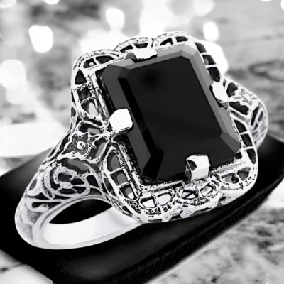 BLACK ONYX FILIGREE VINTAGE DESIGN 925 SOLID STERLING SILVER RING       #1233 - Image 1 of 4